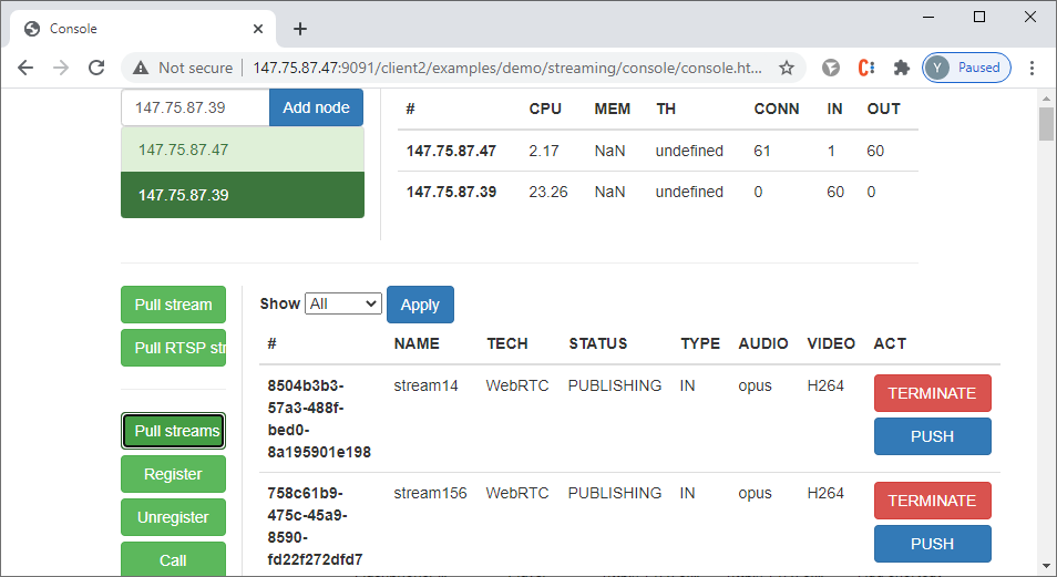 console_WCS_WebRTC_browser_stream_WebSocket_publishing_testing_headless_chrome